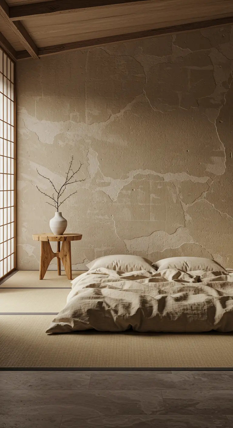 Japandi slaapkamer met beige muren, lage bed, tatami matten, shoji schermen en decoratieve tak.