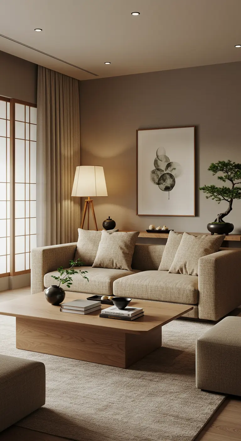 Japandi woonkamer met lichte bank, houten salontafel en minimalistische decoratie.
