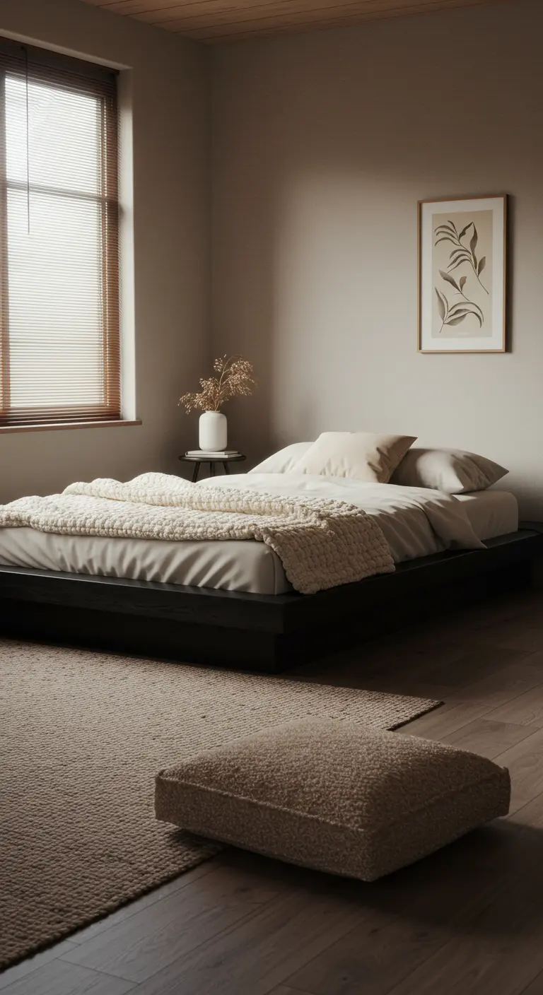 Japandi slaapkamer met laag bed, gebreid plaid en beige bouclé vloerkussen.