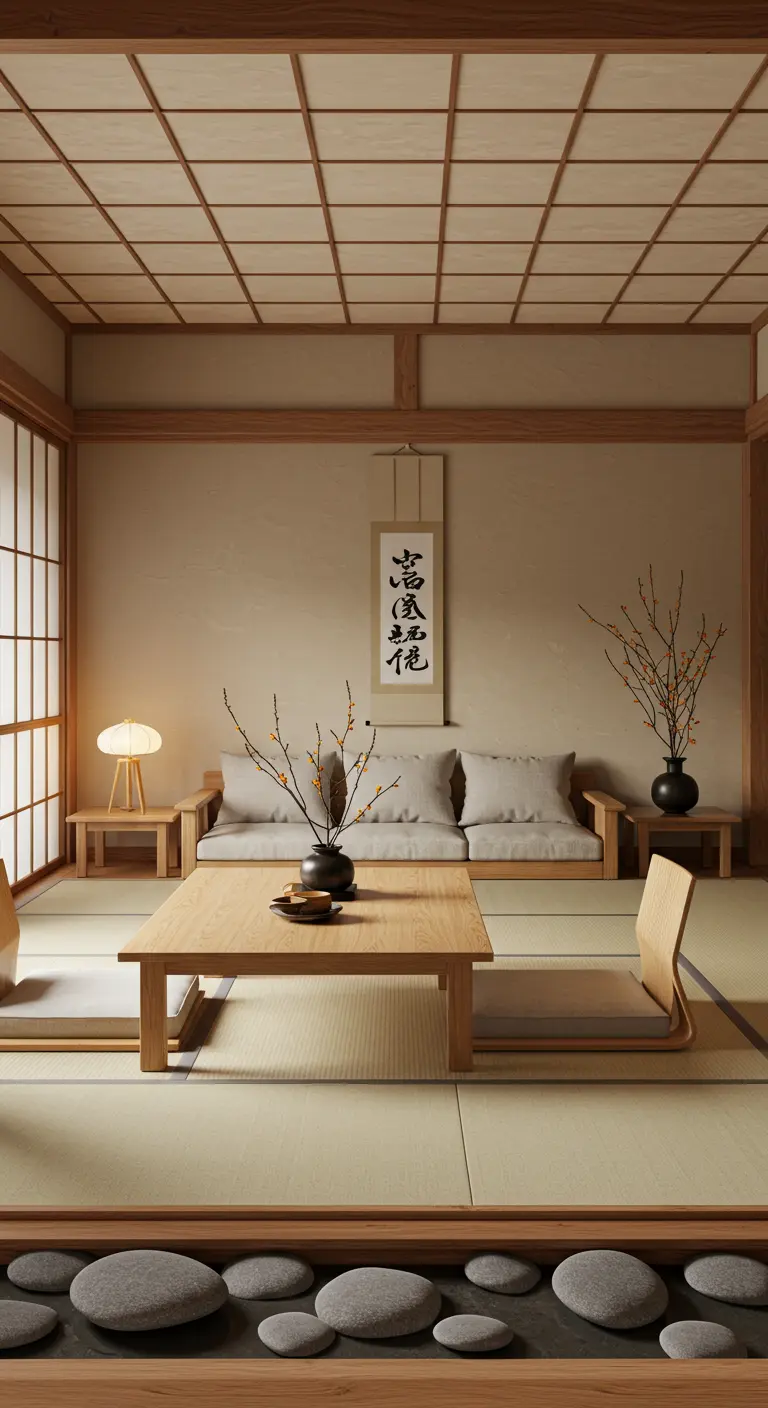 Japandi-stijl woonkamer met lage houten meubels, tatami en stenen accenten.
