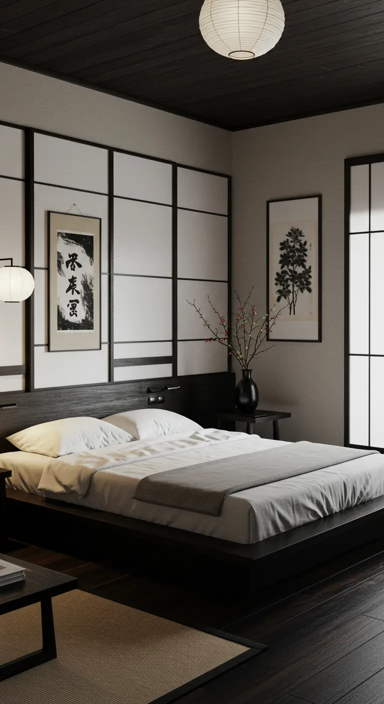 Japandi slaapkamer met houten panelen, laag bed en papieren lamp.