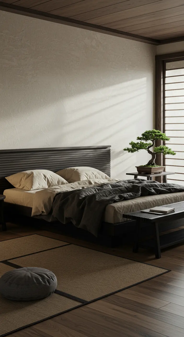 Laag, donkerhouten bedframe in Japandi-stijl met bonsaiboom en tatami-mat.