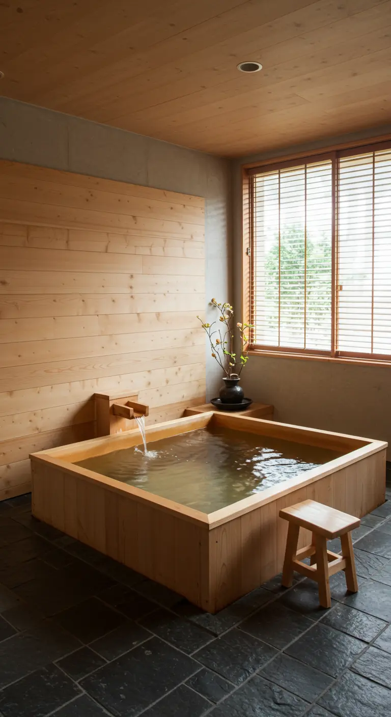 Japandi badkamer met houten Ofuro bad, houten wandpanelen en leistenen vloer.