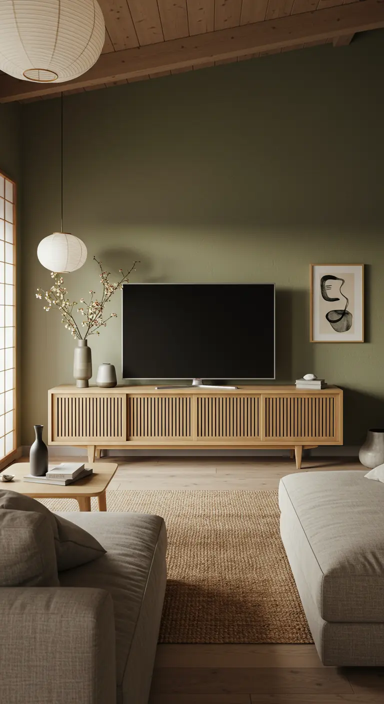 Japandi TV-hoek met olijfgroene muur en houten latjesmeubel.