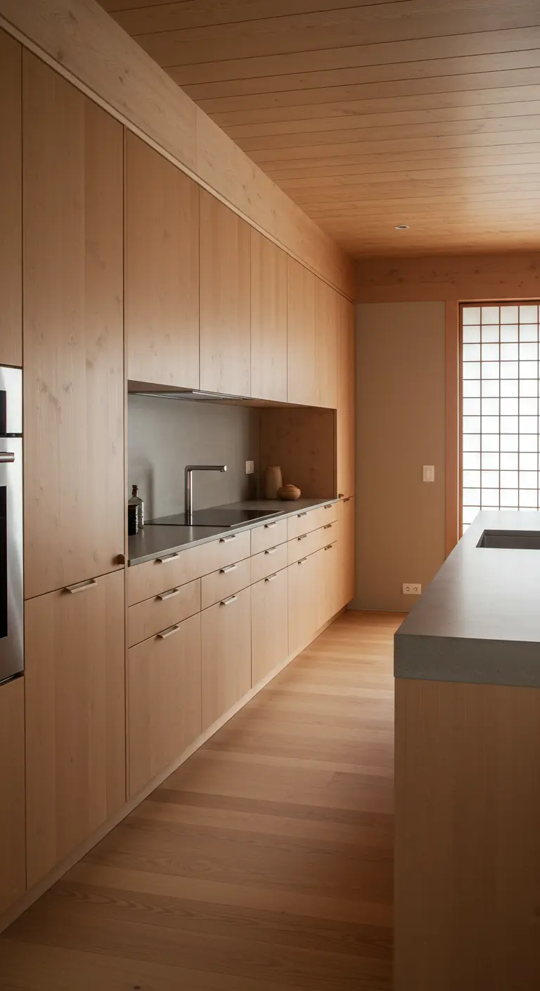 Minimalistische licht houten keuken met greeploze kasten en houten plafond.