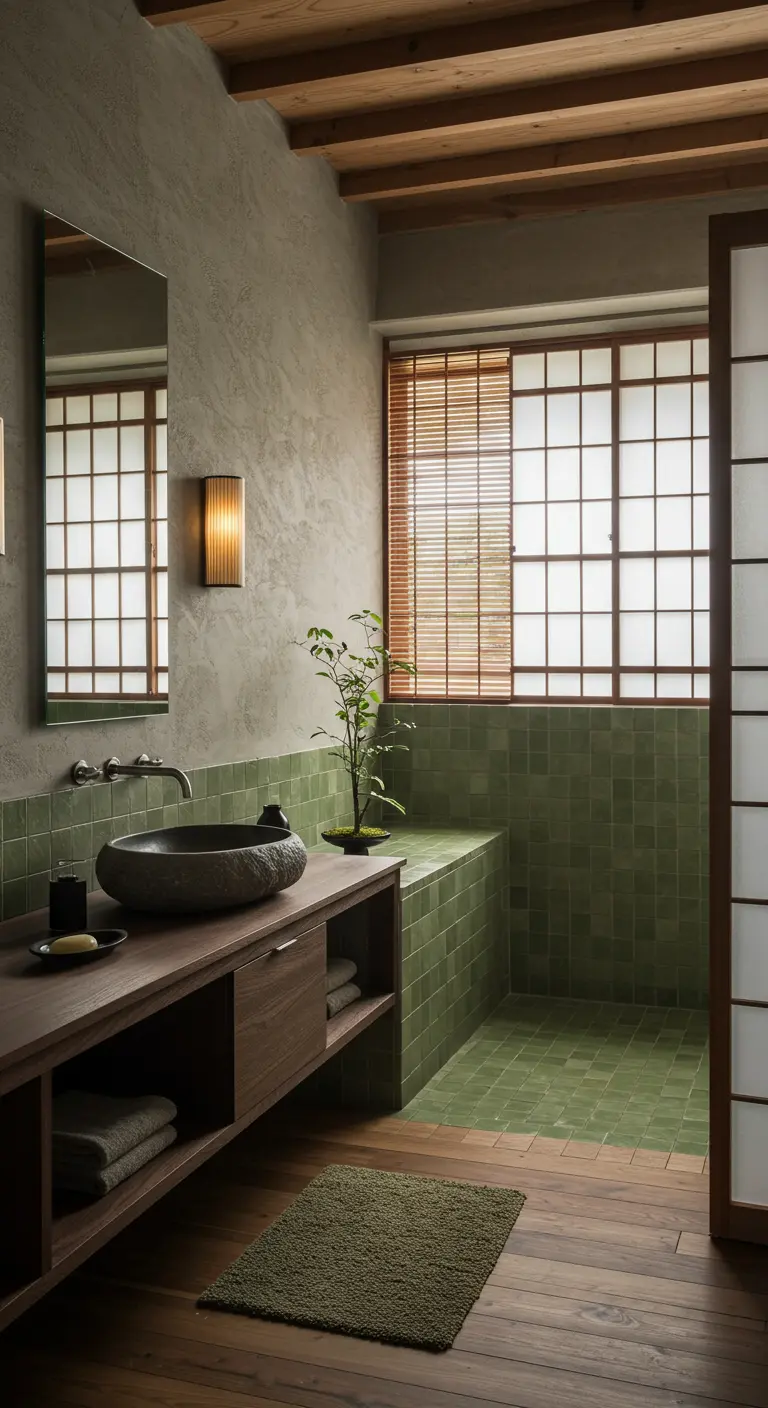 Japandi badkamer met olijfgroene tegels, houten meubel en natuurstenen waskom.