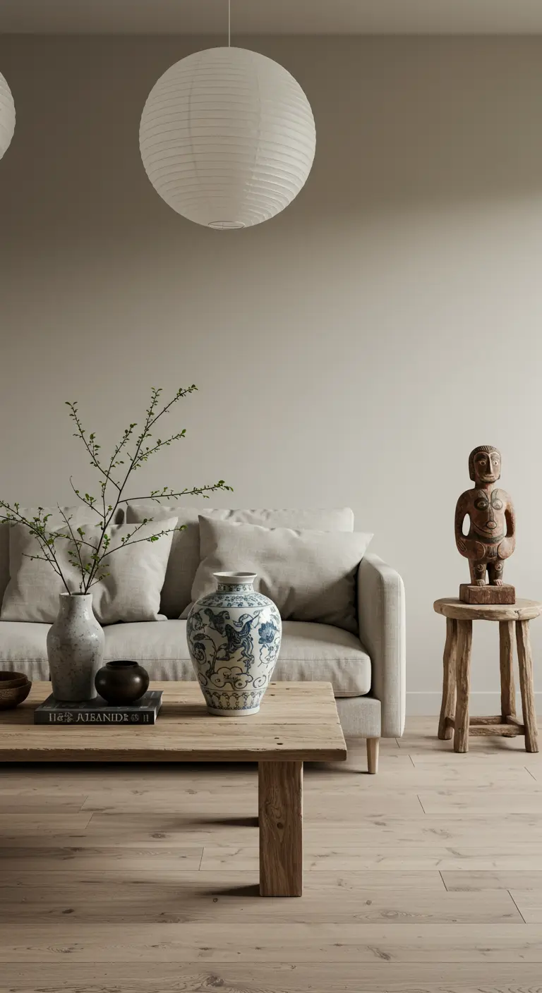 Japandi woonkamer met lichte bank, houten salontafel, papieren lampion en minimalistische decoratie.