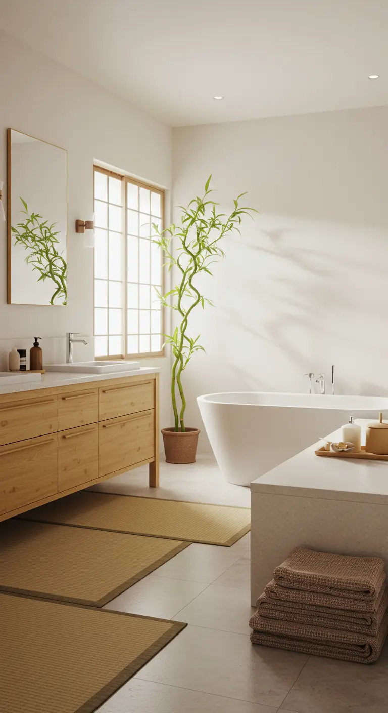 Lichte Japandi badkamer met houten meubel, bamboe plant en tatami matten.