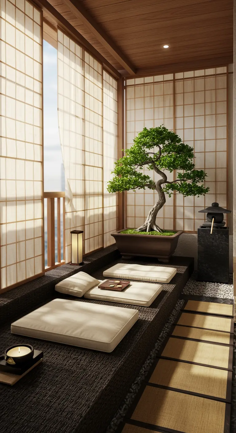 Lage rieten zitkussens in een Japans geïnspireerde balkonsetting met bonsai en shoji schermen.