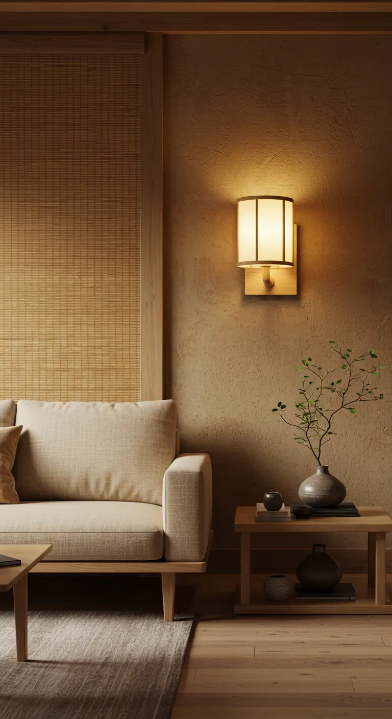 Japandi-stijl interieur met beige bank en een wandlamp met houten basis en lichte kap.