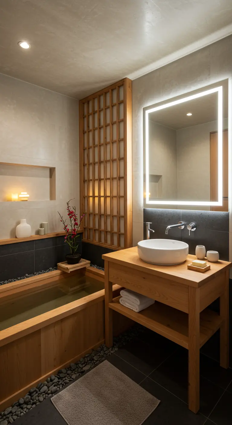 Japandi-stijl badkamer met een vierkante verlichte spiegel en houten elementen.