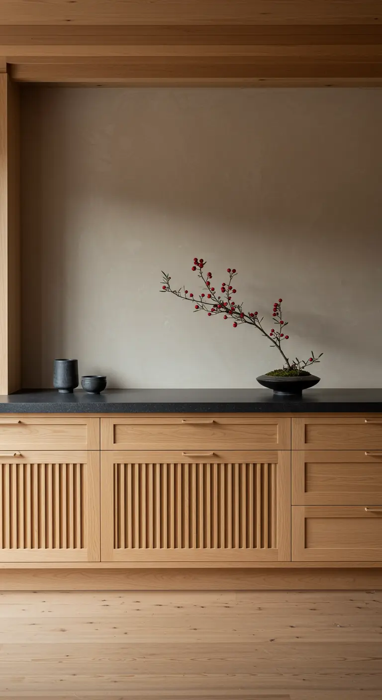 Japandi-stijl licht houten keuken met verticale latjes en donker werkblad.