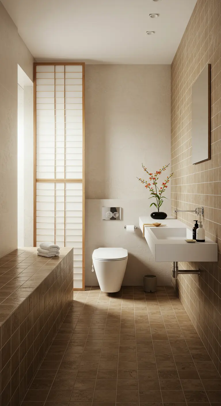 Badkamer in Japandi-stijl met beige tegels en houten accenten.