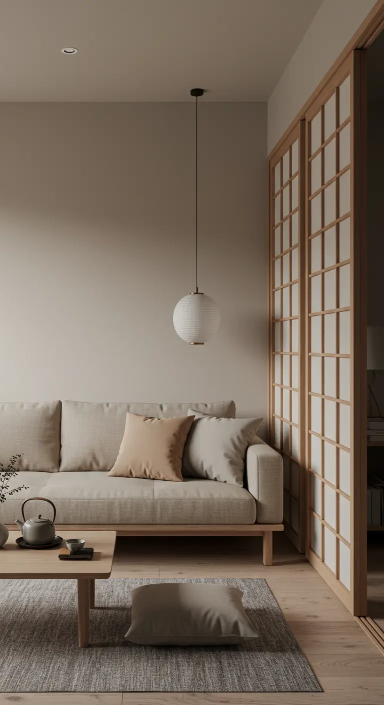 Japandi-stijl woonkamer in beige en zandtinten met houten meubels en papieren lamp.