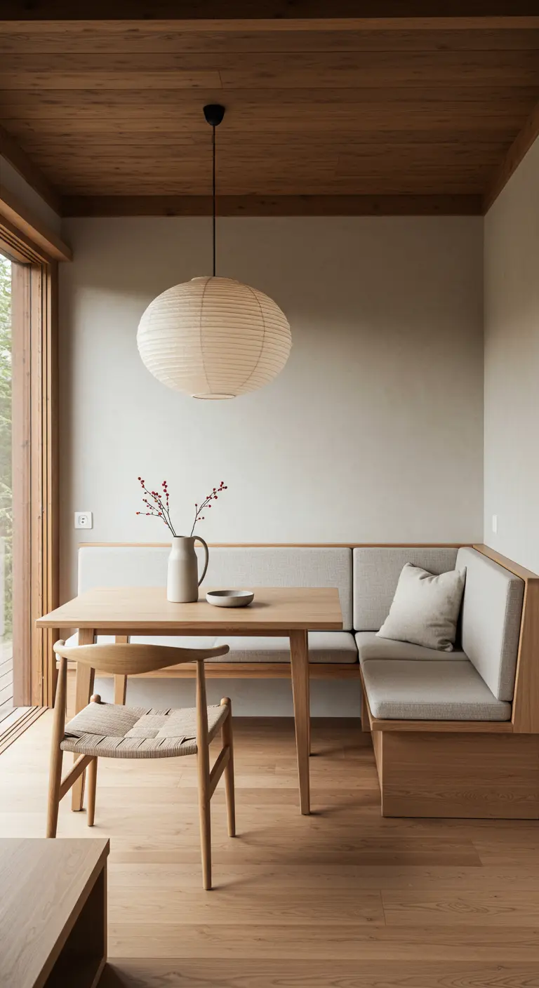 Japandi stijl eethoek met lichte houten bank, papieren lampion en minimalistische inrichting.