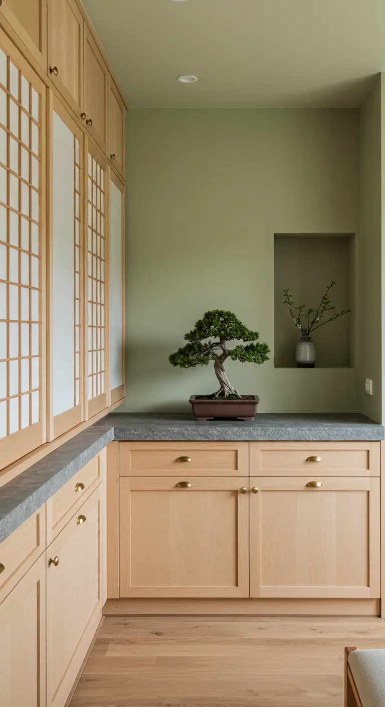 Japandi-stijl keuken met lichte houten kasten, saliegroene muur en een bonsai boom.