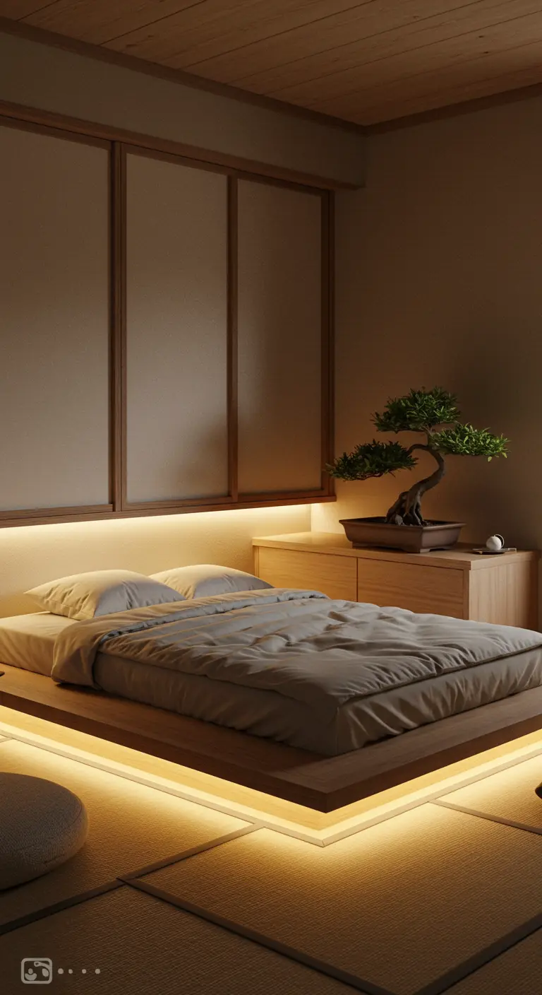 Japandi slaapkamer met laag houten bed, tatami matten en zachte, warme onderbedverlichting.