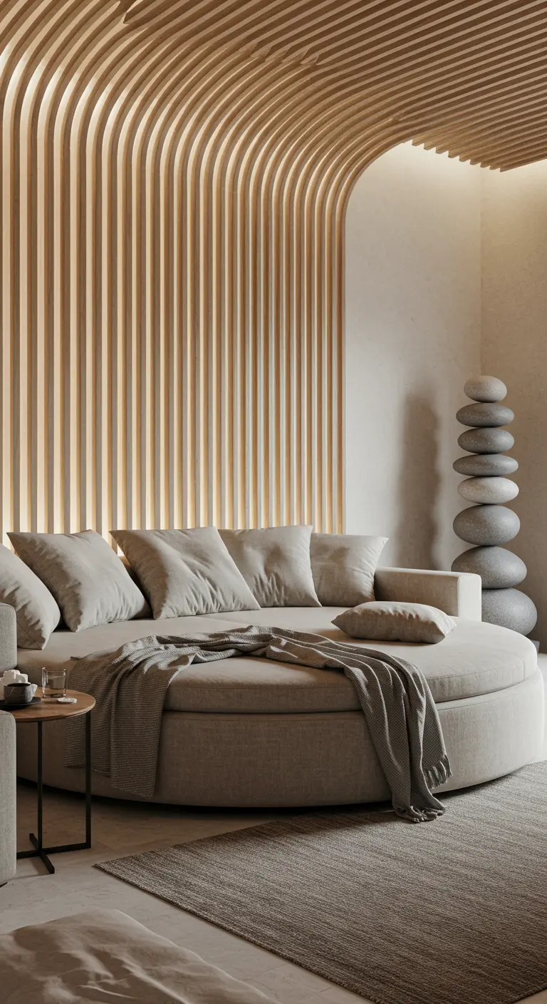 Japandi-stijl kamer met een groot rond daybed en een gebogen houten lattenwand.