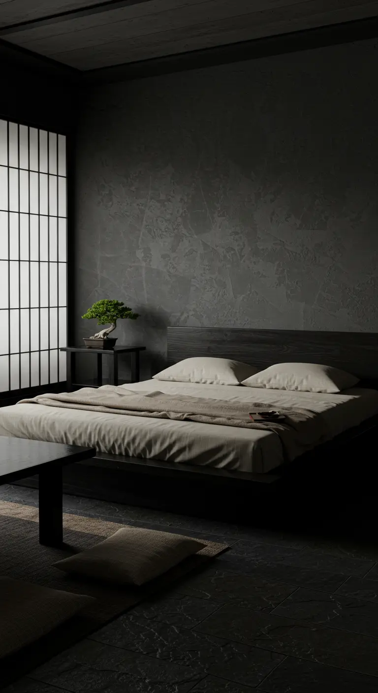 Japandi-stijl slaapkamer met donkere muren, laag bed, shoji-scherm en bonsai.
