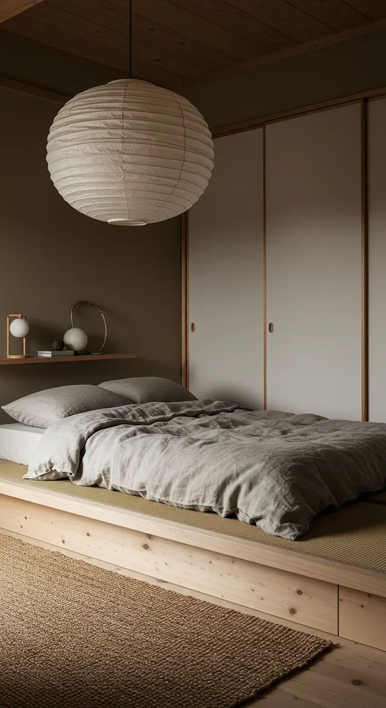 Japandi slaapkamer met tatami-mat, papieren lampion en linnen beddengoed.