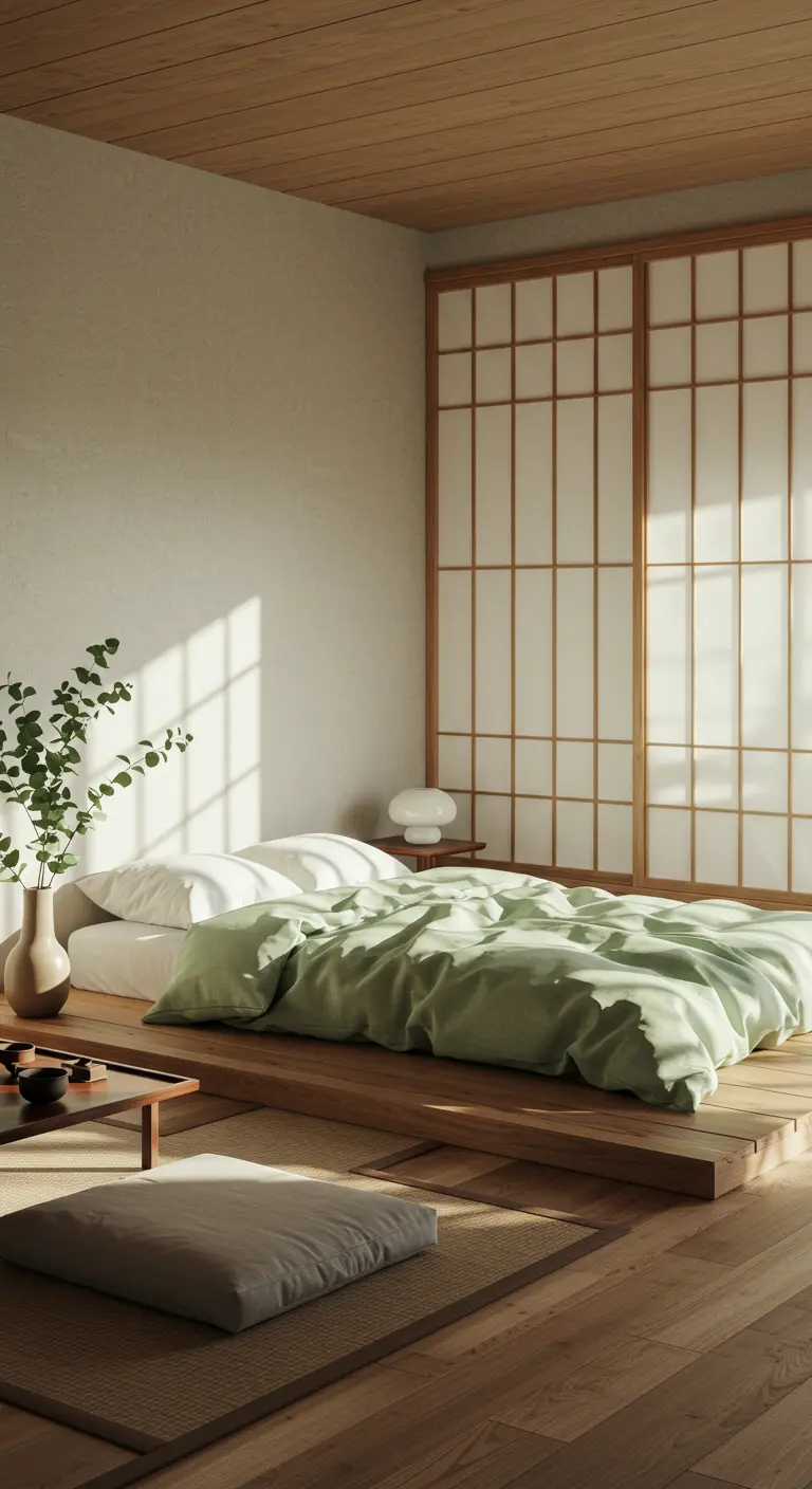 Japandi slaapkamer, laag houten bed, shoji schermen, zachtgroen dekbed, minimalistische decoratie.