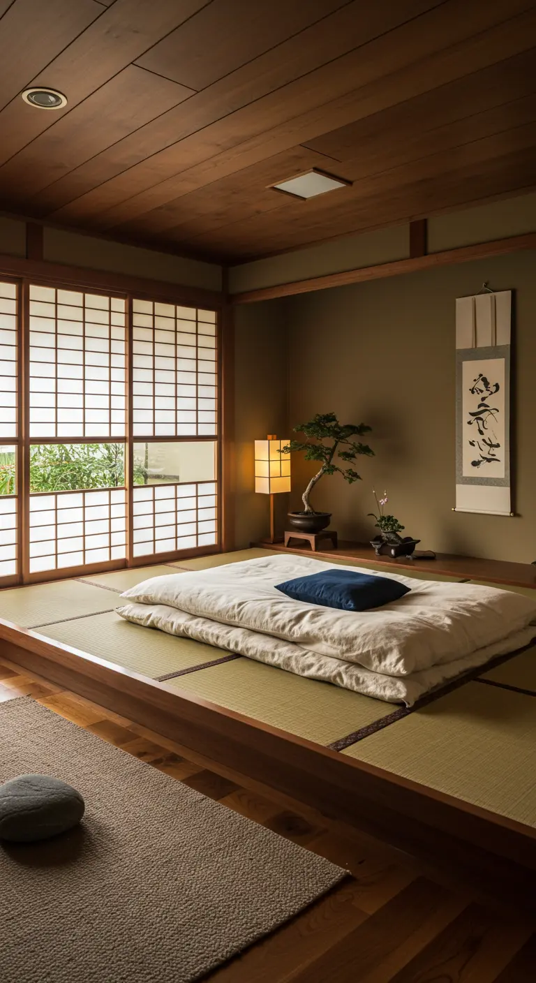 Japandi-stijl slaapkamer met laag bed, shoji schermen en bonsaiboompje.