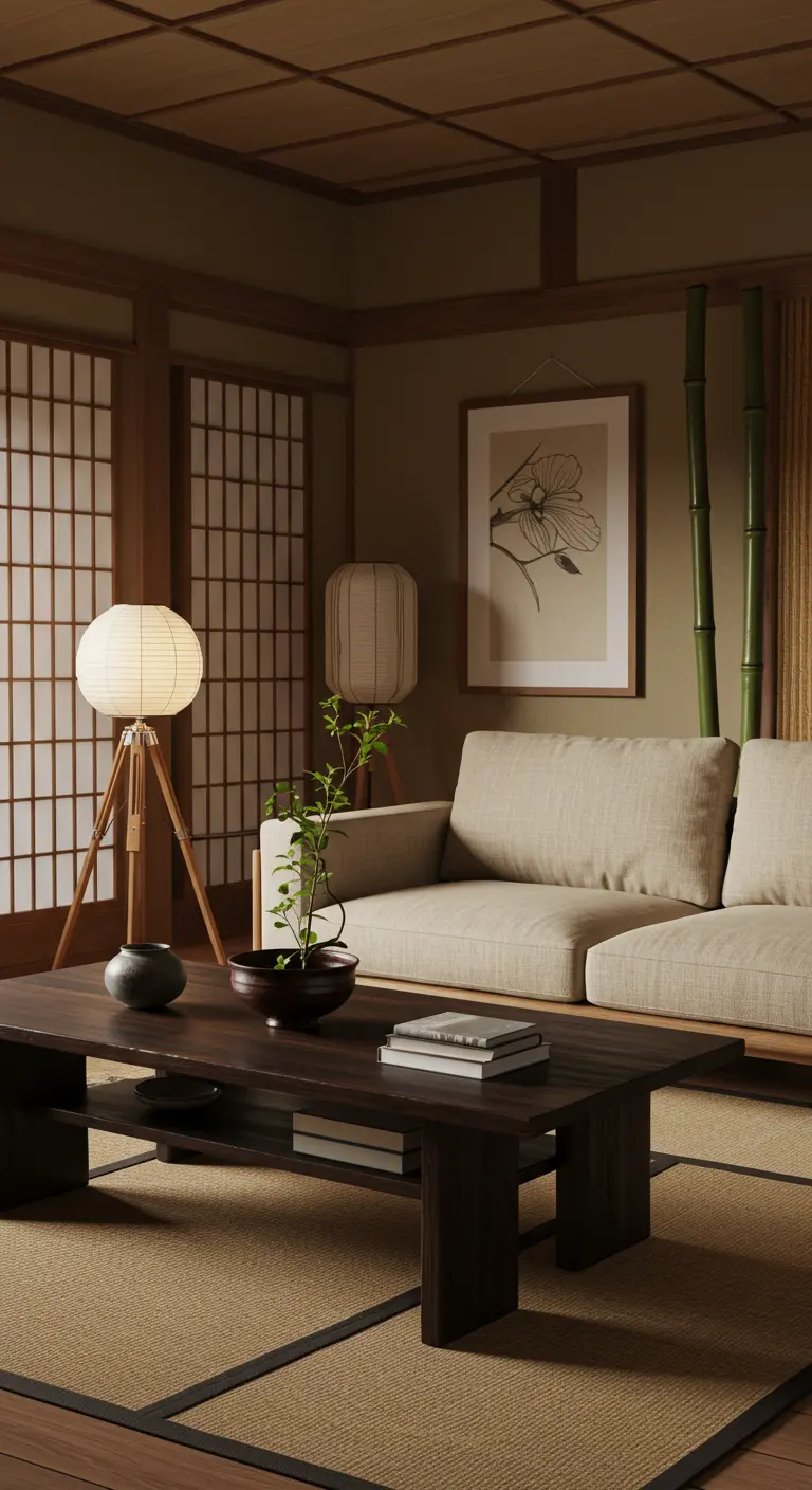 Lage donkere houten salontafel met bonsai, boeken en lantaarn in een Japandi-stijl woonkamer.