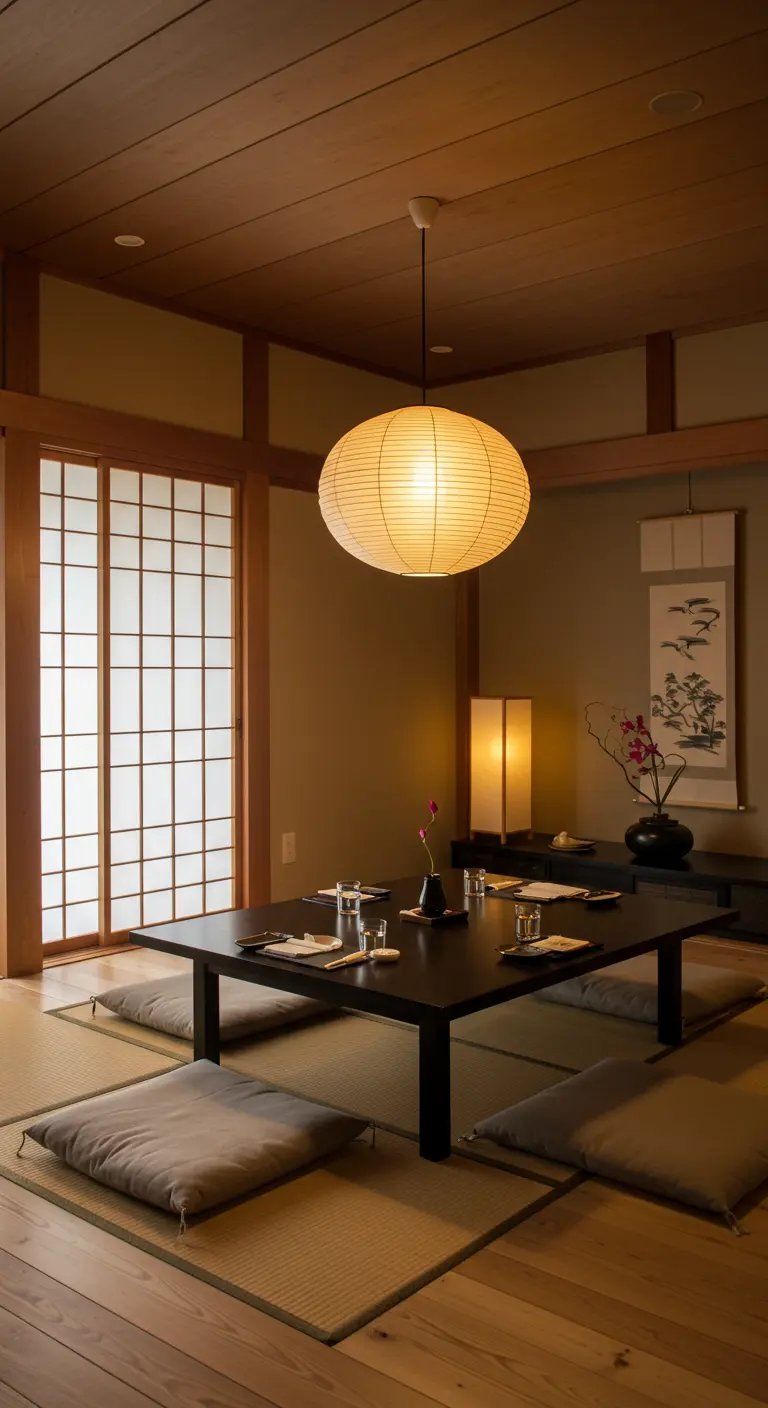 Grote ronde rijstpapieren hanglamp in een serene Japandi-stijl eethoek met lage tafel.