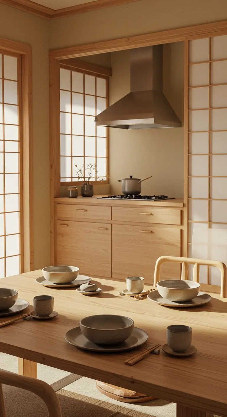 Japandi keuken met licht houten meubels en minimalistisch keramisch servies.