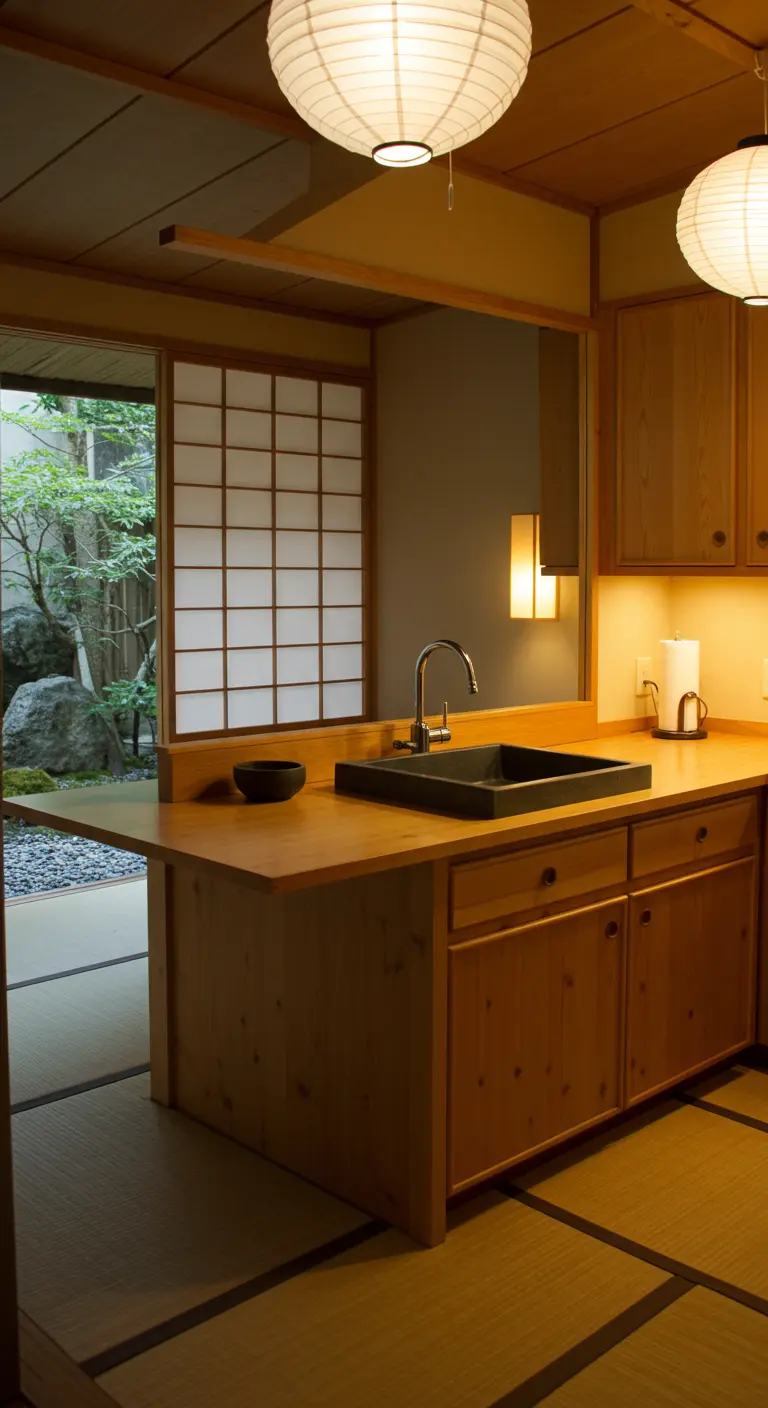 Japandi-stijl keuken met zwarte spoelbak, houten kasten en shoji-raam.