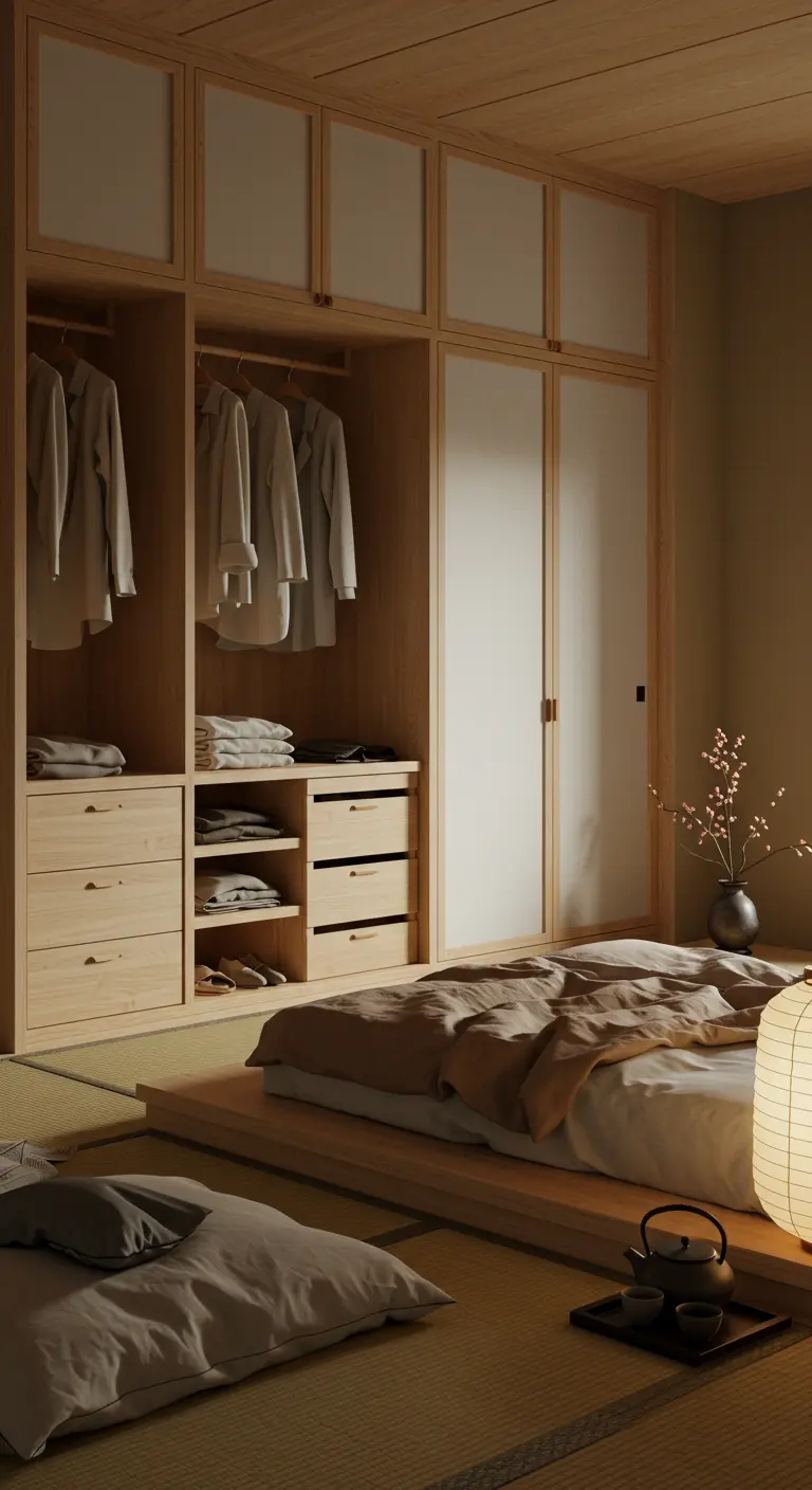 Japandi slaapkamer met open houten kast, lage futon en tatami matten.