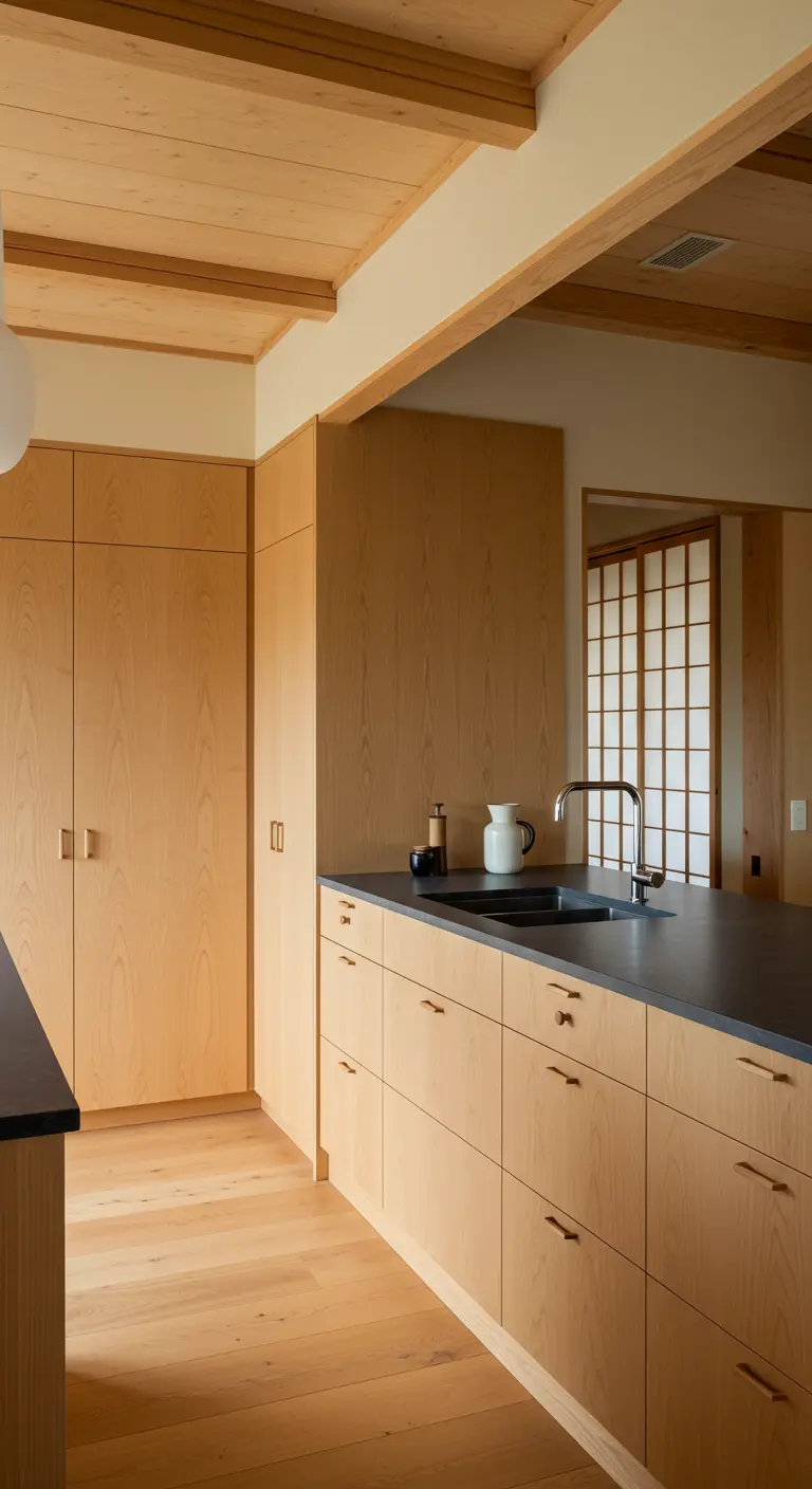 Lichte houten keuken in Japandi-stijl met minimalistische houten grepen.