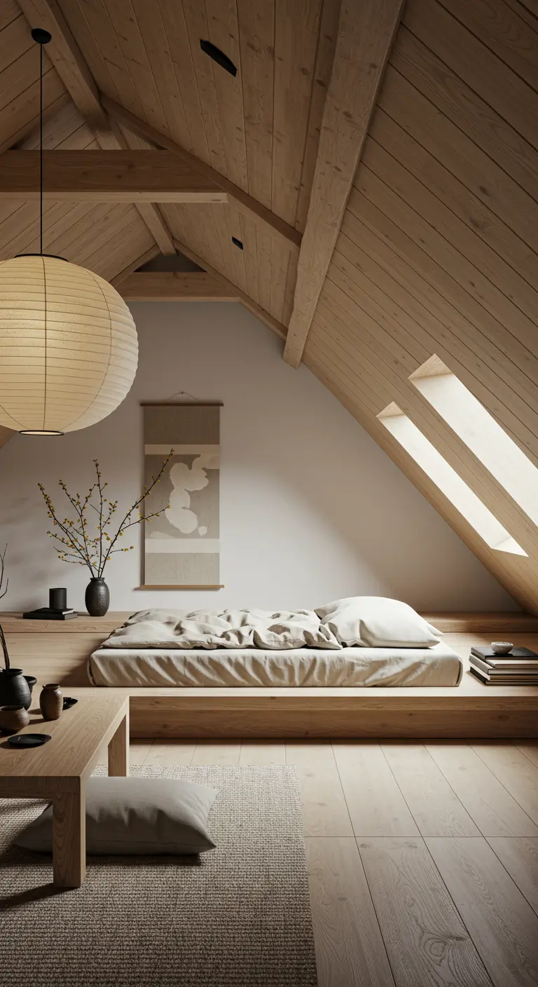 Japandi-stijl zolderslaapkamer met laag platformbed en papieren lampion.