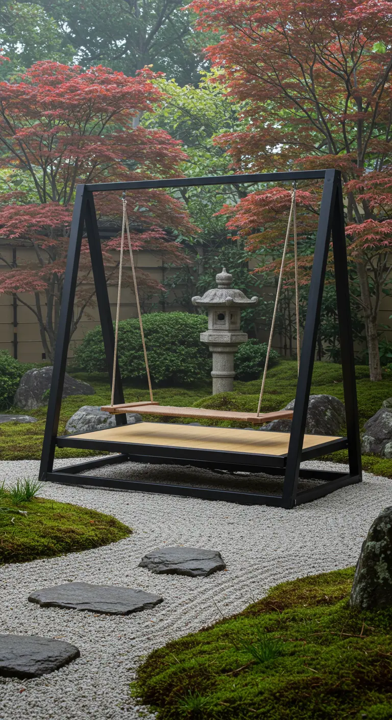 Minimalistische houten plankenschommel in zwart metalen A-frame in een Japanse tuin met grind en mos.