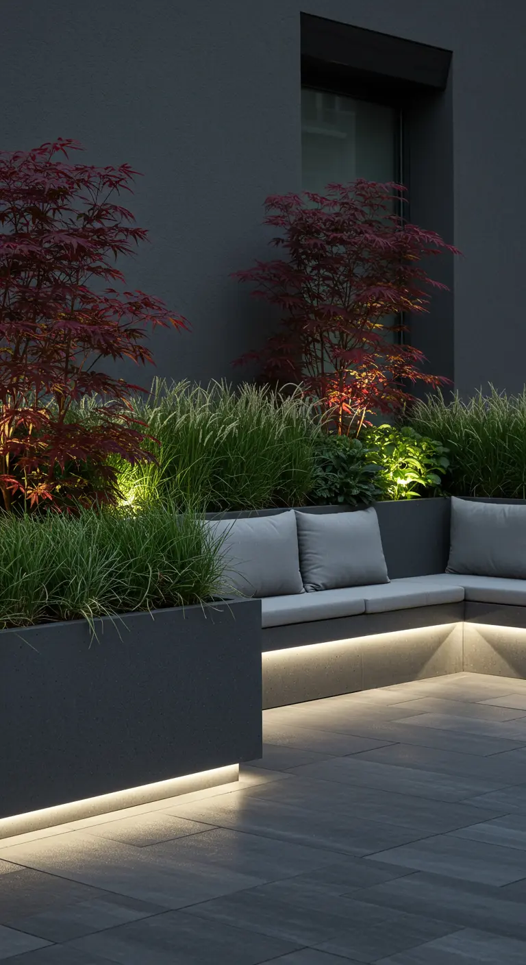 Modern terras met ingebouwde bank, Japanse esdoorns en siergrassen in plantenbakken met ledverlichting.