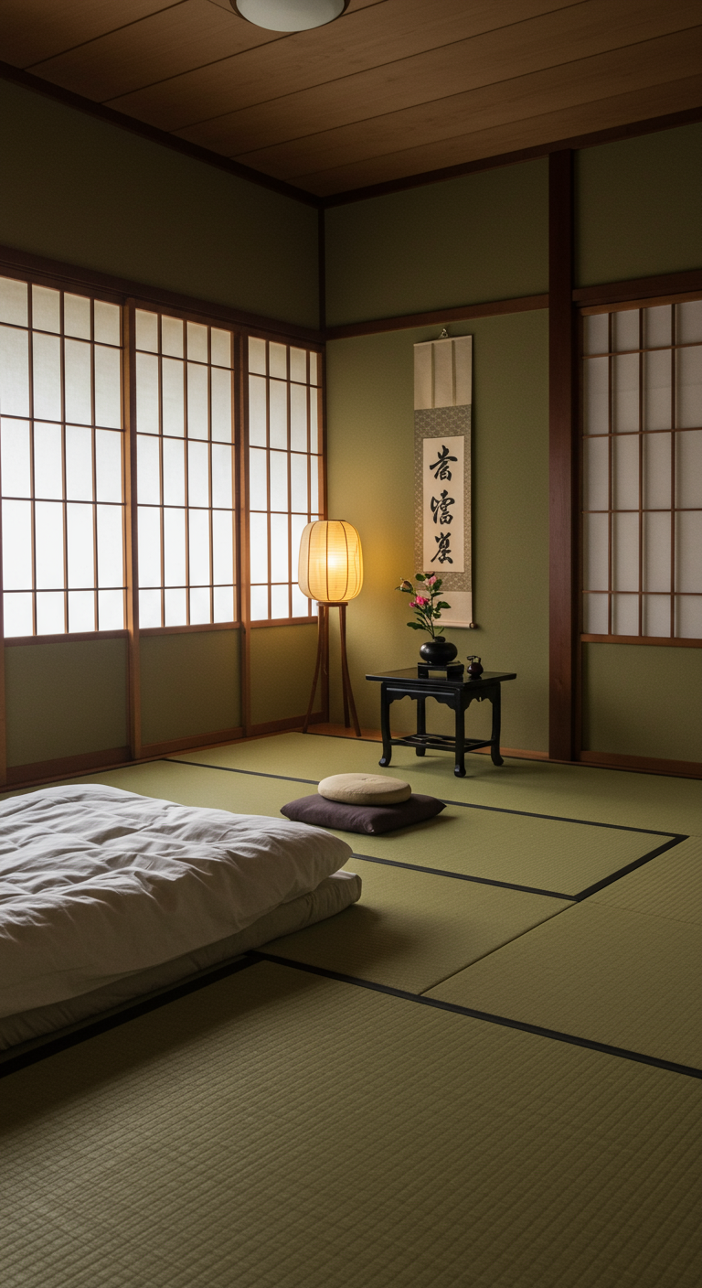 Japanse stijl slaapkamer met lage tafel, tatami matten en lantaarn.