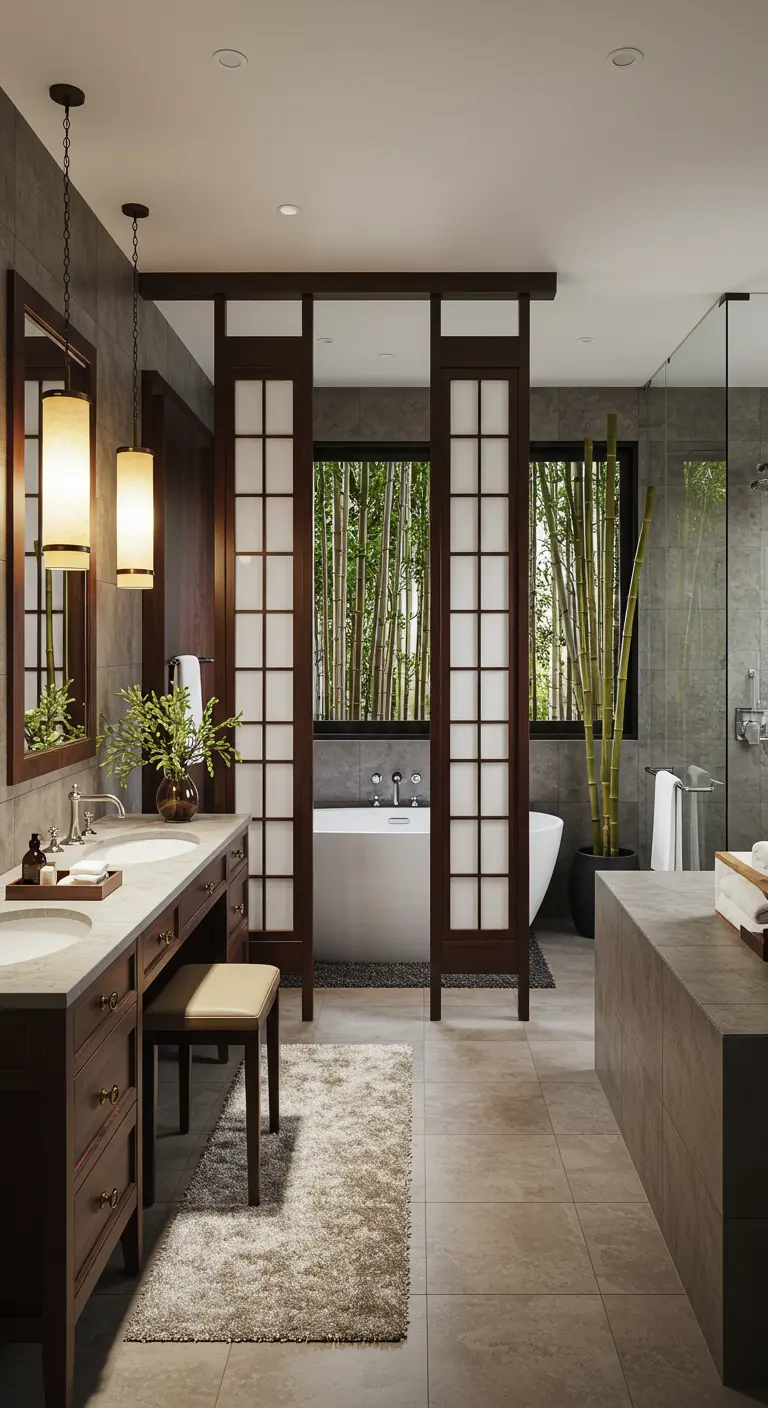 Japanse stijl badkamer met Shoji schermen, donkerhouten meubels, en bamboe.