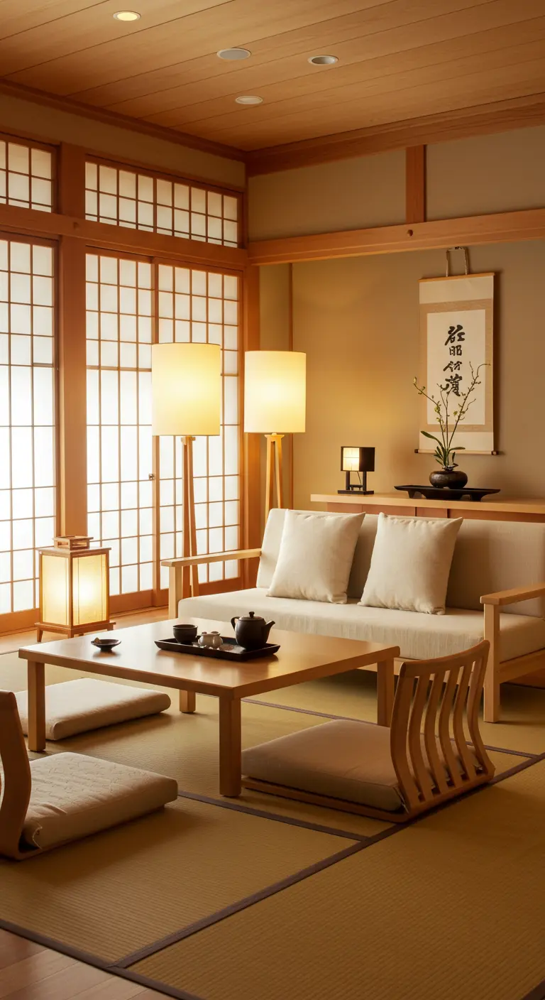 Japanse woonkamer met tatami matten, lage houten meubels en papieren lampen.