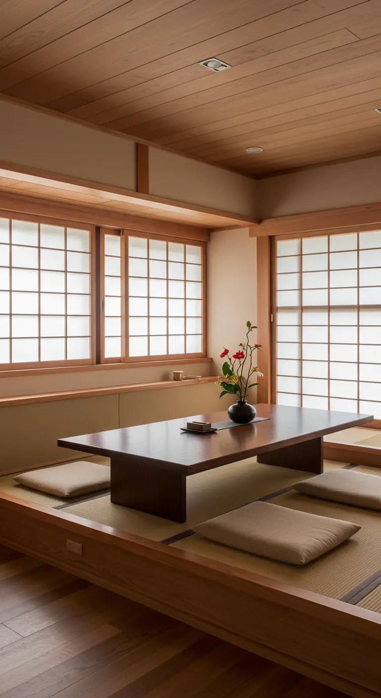 Japanse minimalistische eethoek met lage tafel, zitkussens en shoji-ramen.