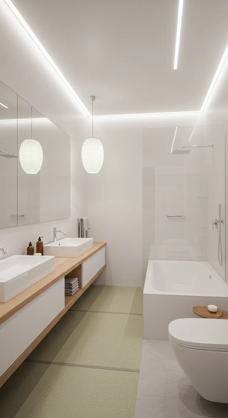 Lichte, moderne badkamer met lineaire plafondverlichting en twee witte papieren lampion hanglampen.