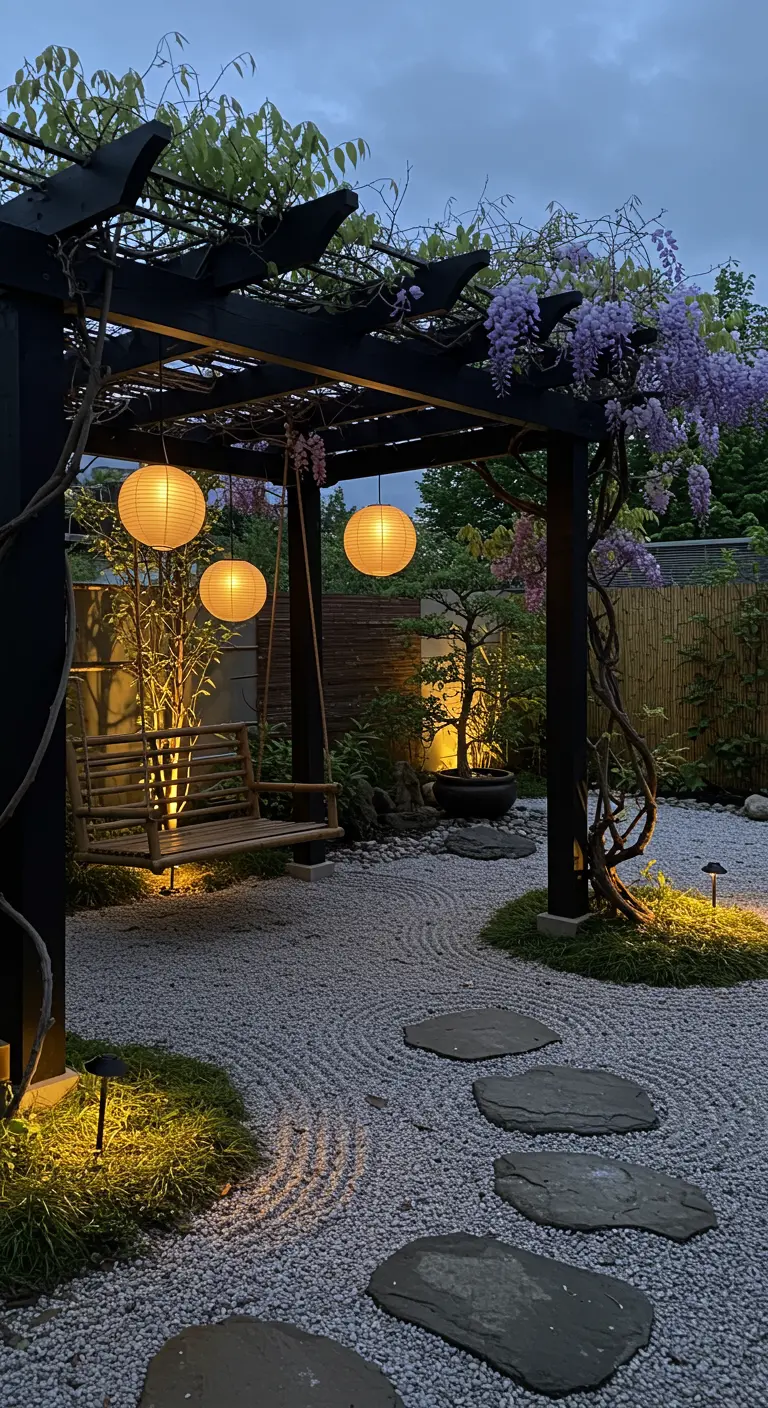 Donkere houten pergola met wijnranken, houten schommelbank, papieren lantaarns en Japanse grindtuin.