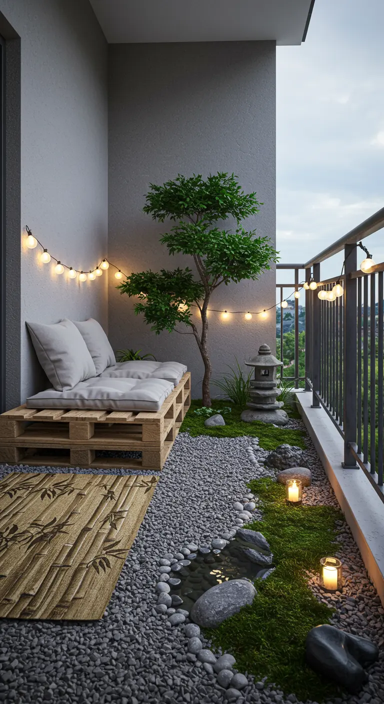 Japanse zentuin op balkon met lage palletbank, grindpad, bonsaiboom en sfeervolle lantaarns.