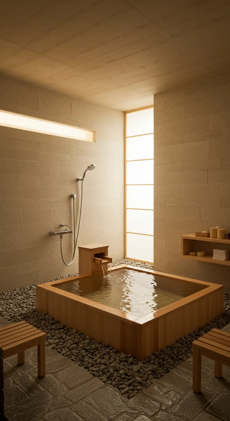 Japanse badkamer met houten badkuip, kiezelvloer, houten bankjes en shoji-stijl raam.