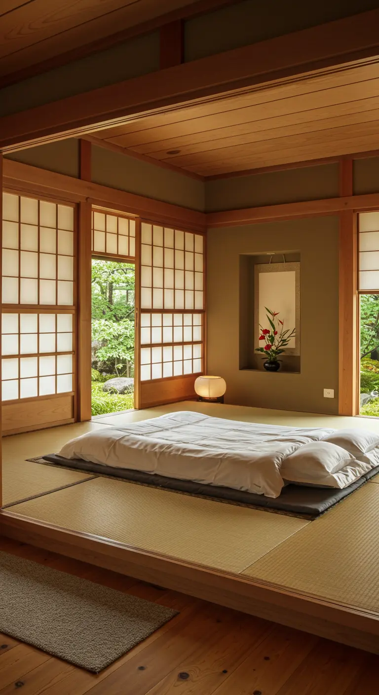 Traditionele Japanse slaapkamer met een futon op tatami matten, omringd door shoji schuifdeuren.