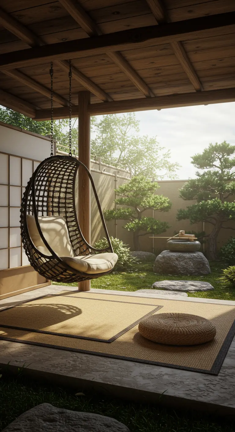 Donkere rotan hangstoel in Japanse tuin met tatami-matten, stenen lantaarn en bonsai.