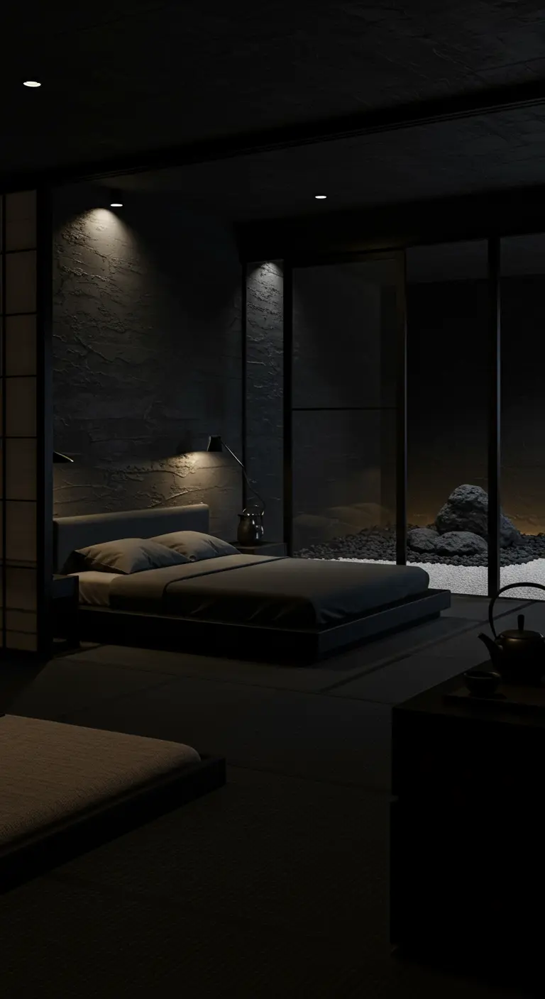 Zwarte slaapkamer in Japanse stijl met laag bed, gestructureerde muren en een theepotset.