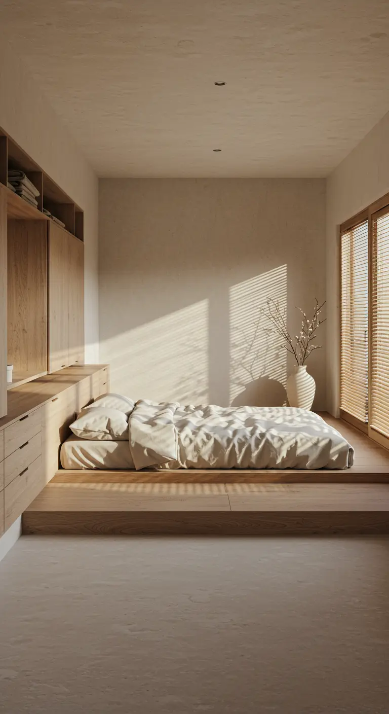 Minimalistische Japanse slaapkamer met houten platform, beige muren, ingebouwde kasten en jaloezieën.