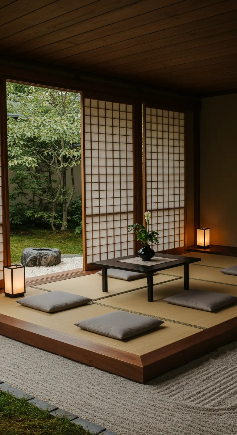 Japanse zen lounge met lage tafel, zitkussens op tatami, shoji-schermen en lantaarns.