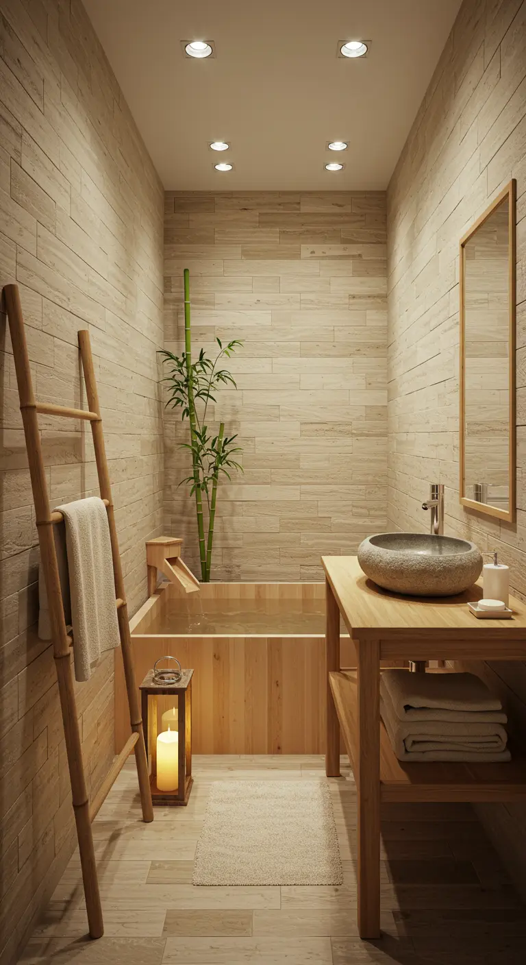Japans geïnspireerde badkamer met houten bad, bamboe en lichte houttinten.