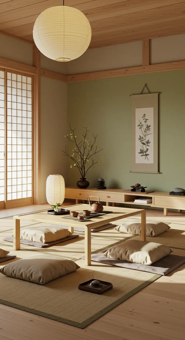Woonkamer in Japanse stijl met lage tafel, zitkussens en tatami matten.